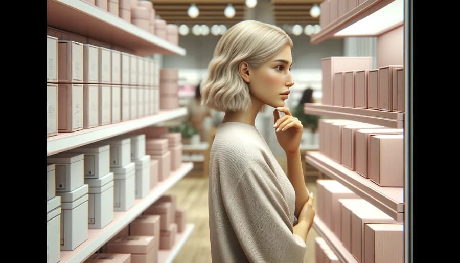 DALL·E 2024-05-01 04.45.58 - A highly realistic image of a blonde woman standing in a store, contemplating what to choose. The woman is depicted in an ultra-realistic style, possi